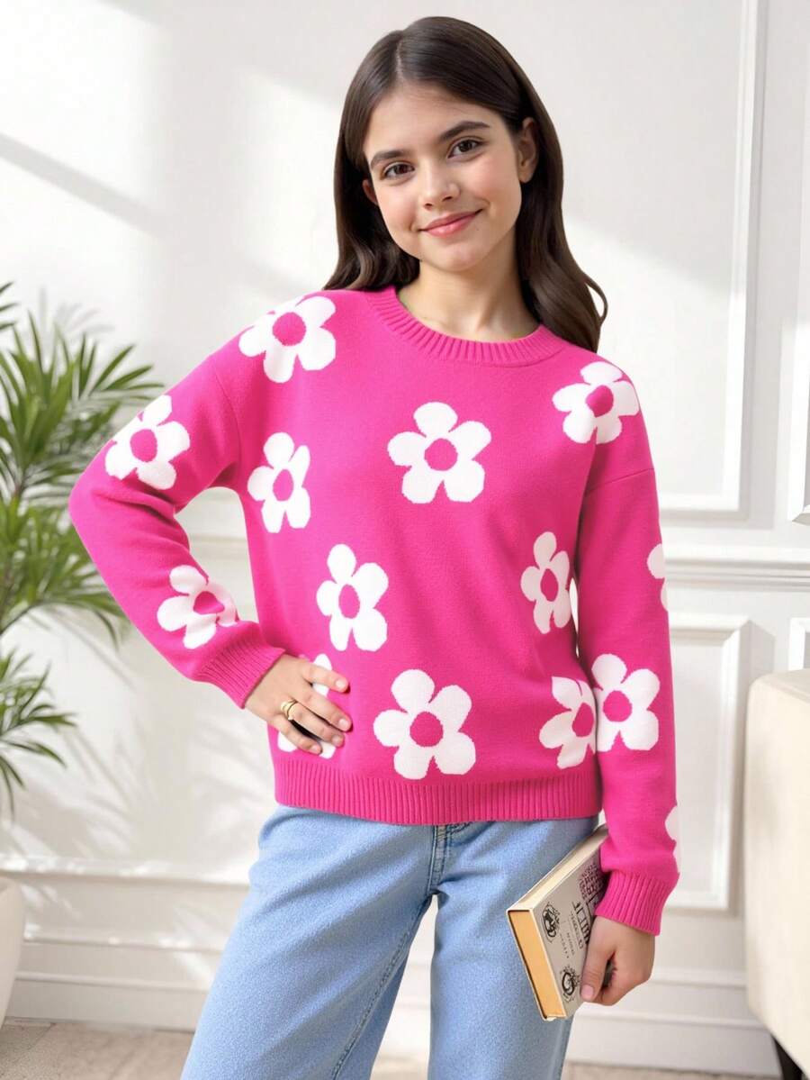 SHEIN 女大童花卉圖案落肩袖套頭毛衣