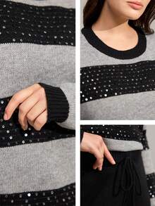 Momelise 博主同款休闲宽松钉珠条纹卫衣阔腿裤两件套欧美新款 - 彩色 - 查看 8