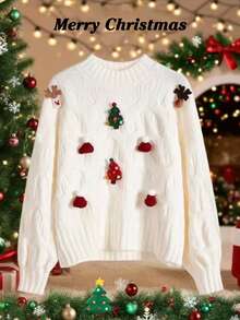 GlowEve Autumn/Winter New Christmas Element 3D Decor Cable Knit Crew Neck Drawstring Long Sleeve Comfortable Fabric Casual Elegant Sweater For Women, Suitable For Multiple Occasions