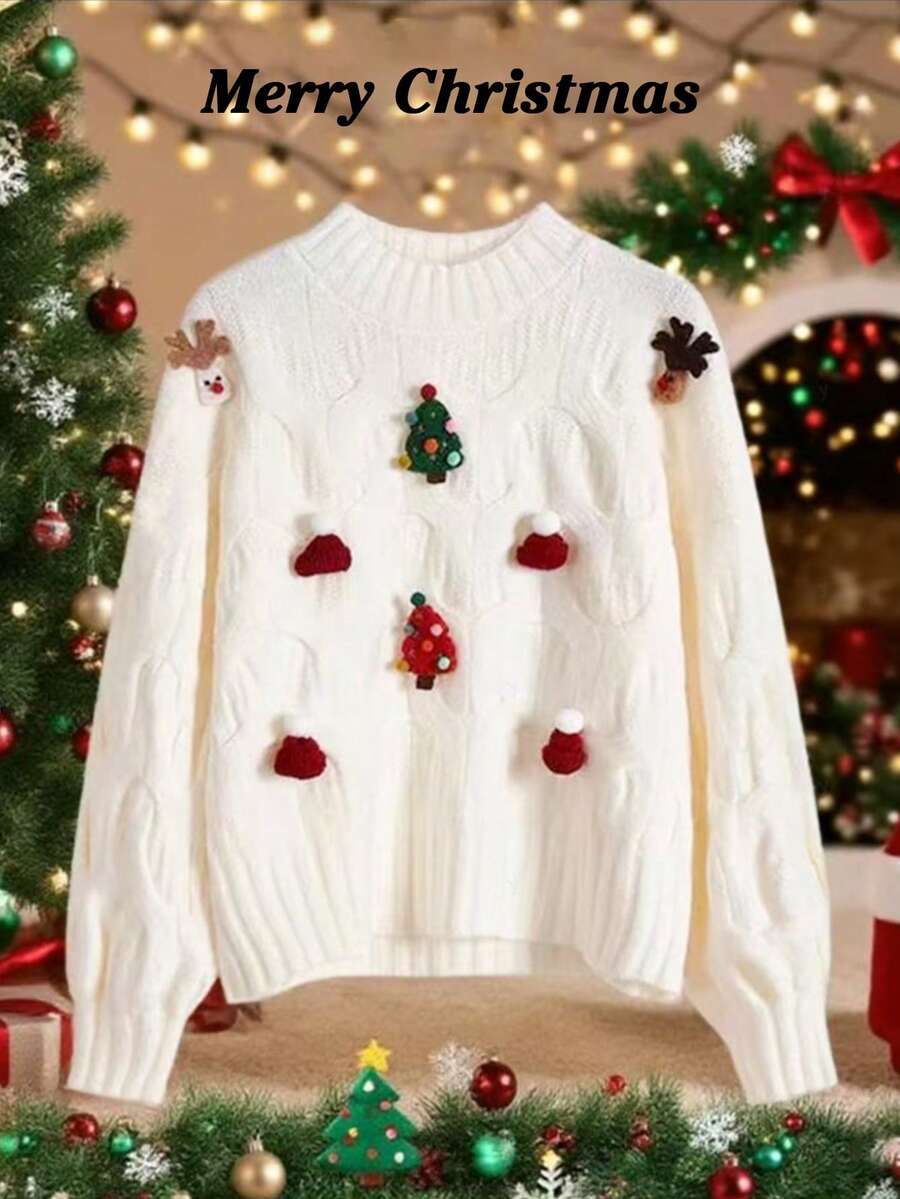 GlowEve Autumn/Winter New Christmas Element 3D Decor Cable Knit Crew Neck Drawstring Long Sleeve Comfortable Fabric Casual Elegant Sweater For Women, Suitable For Multiple Occasions