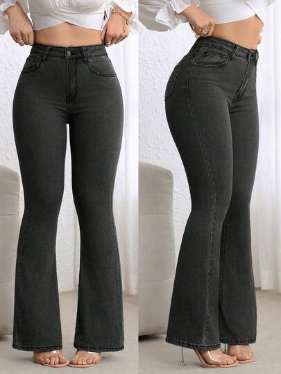 Flexra 加大码高腰修身喇叭腿水洗深蓝色牛仔裤