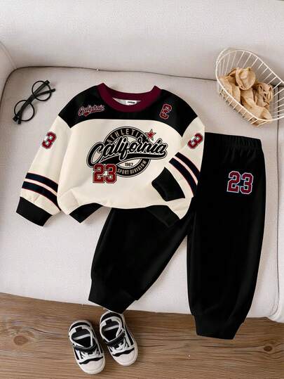 1 Set Baby Boys Casual Sports Style Numeric 23 & California Letter Print Crew Neck Sweatshirt And Sweatpants Set, Autumn/Winter Casual Outdoor Outfit