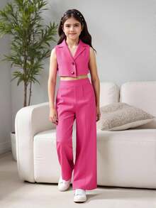 SHEIN Tween Girls Button Front Crop Vest Blazer & Wide Leg Pants - Pink - View 1