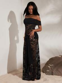 Opulessa Goth Solid Color Lace Knit Mesh Slim Off-Shoulder Mermaid Hem Dress For Women, Vacation Halloween Clothes,Prom Dress,Fall Wedding Guest Dress,Wedding Guest Dress Women