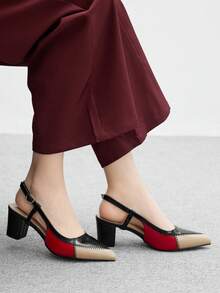 CUCCOO BIZCHIC 女士时尚尖头黑色米色缝线粗跟高跟鞋，圣诞节和春季日常通勤百搭鞋 - 黑色 - 查看 5