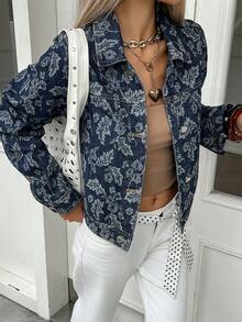 DAZY 女式休闲花卉牛仔夹克，秋季 - 藍色 - 查看 5