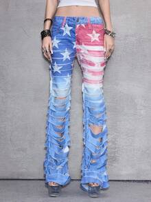 ROMWE J-Fashion Y2K Distressed Low-Rise Women's Super Low Waist Jeans With Flag & Star Print