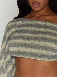 MUSERA 露脐不对称肩宽灯笼袖条纹针织上衣，适合性感外出、夜生活、可爱约会、舒适优雅的假期穿着，春夏皆宜。 - 彩色 - 查看 2