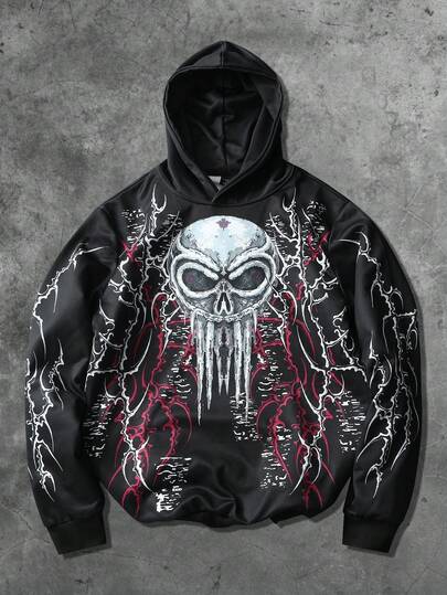 Grunge Punk Men's Street Fashion Skull Print Hoodie