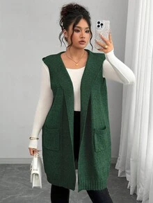 Elenzga 大码女式法式针织中长款无袖连帽开衫毛衣背心，宽松休闲百搭通勤 - 綠色 - 查看 3