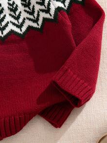 SHEIN Baby Boy Casual Minimalist Cute Green & Red Knit Sweaters, Suitable For Travel, Vacation, Home, Daycare, Autumn/Winter, Christmas, Back To School, Party, Versatile Winter Christmas Halloween Sweater Autumn Fall Jumpers - Burgundy - View 5