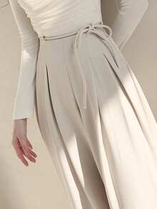 DAZY 女士系带纯色阔腿裤，商务休闲 - 白色 - 查看 9