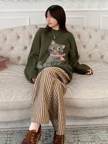 FRIFUL Women's Solid Color Round Neck Drop Shoulder Long Sleeve Cat Crochet Design Loose Casual Versatile Sweater, Autumn/Fall - Green - View 2