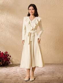 Ribbed Knit Ruffle Hem Elastic Waist Dress For Teens - Beige - View 6