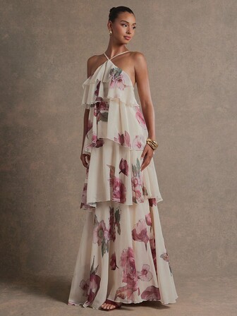 L'Amorae Elegant Romantic Wedding Guest Halter Tiered Chiffon Maxi Dress Floral Print