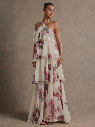 L'Amorae Elegant Romantic Wedding Guest Halter Tiered Chiffon Maxi Dress Floral Print