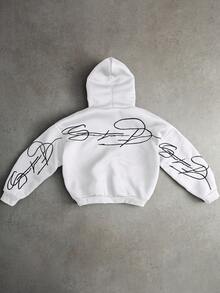 PAVTROS 男士白色创意文字刺绣金属拉链保暖连帽卫衣，白色拉链连帽衫，长袖上衣 - 白色 - 查看 2