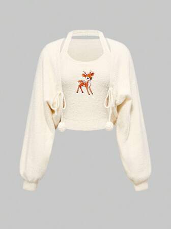 Kawaii مجموعة من قطعتين لفصلي الخريف والشتاء: كنزة صوفية صدرية مزخرفة بالغزلان الجميلة وكنزة محبوكة للنساء