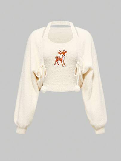 Kawaii 2 pièces Tenues d'automne et d'hiver : Ensemble de gilet sans manches en peluche avec broderie de cerf mignon et pull tricoté pour femmes