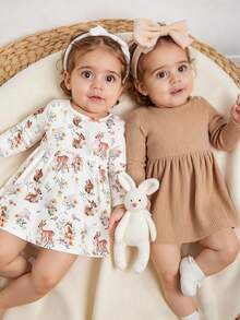 SHEIN 2pcs/Set Newborn Baby Girls Cute Pattern & Solid Color Snap Shoulder Round Neck Long Sleeve Dress, Versatile For Everyday Wear - Multicolor - View 3