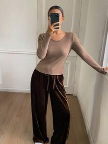 DAZY 女士极简主义抓绒针织上衣和磨毛休闲裤睡衣套装，秋冬季，舒适保暖 - 咖啡棕 - 查看 4