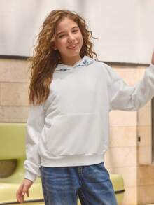 1 pieza Sudadera holgada y cómoda con capucha para niñas, con estampado floral de margaritas blanco y azul, diseño versátil para uso casual, al aire libre, viajes, fiestas, escuela, transporte, adecuada para primavera, otoño e invierno