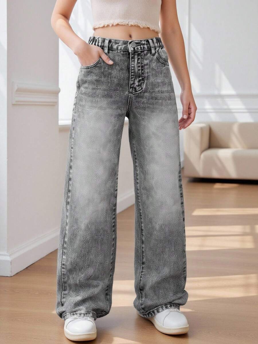 SHEIN Tween Girl Light Washed Casual Straight Leg Denim Jeans, Simple And Versatile - Dark Grey - View 1