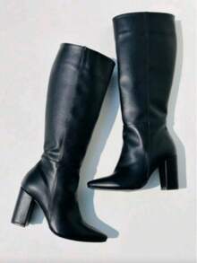 Botas altas de mujer estilo minimalista, punta fina, tacón grueso, para oficina y moda urbana - Negro - Ver 6