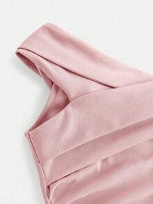 SHEIN Girlism Teen Girl Solid Color Off-Shoulder Ruched Criss-Cross Hem Slit Fishtail Dress, Suitable For Various Occasions, Back To School/Campus Style, Parties Evening Wear Dress Long Dress For Wedding Guest Bridesmaid Dress Dress Elegant - Pink - View 5