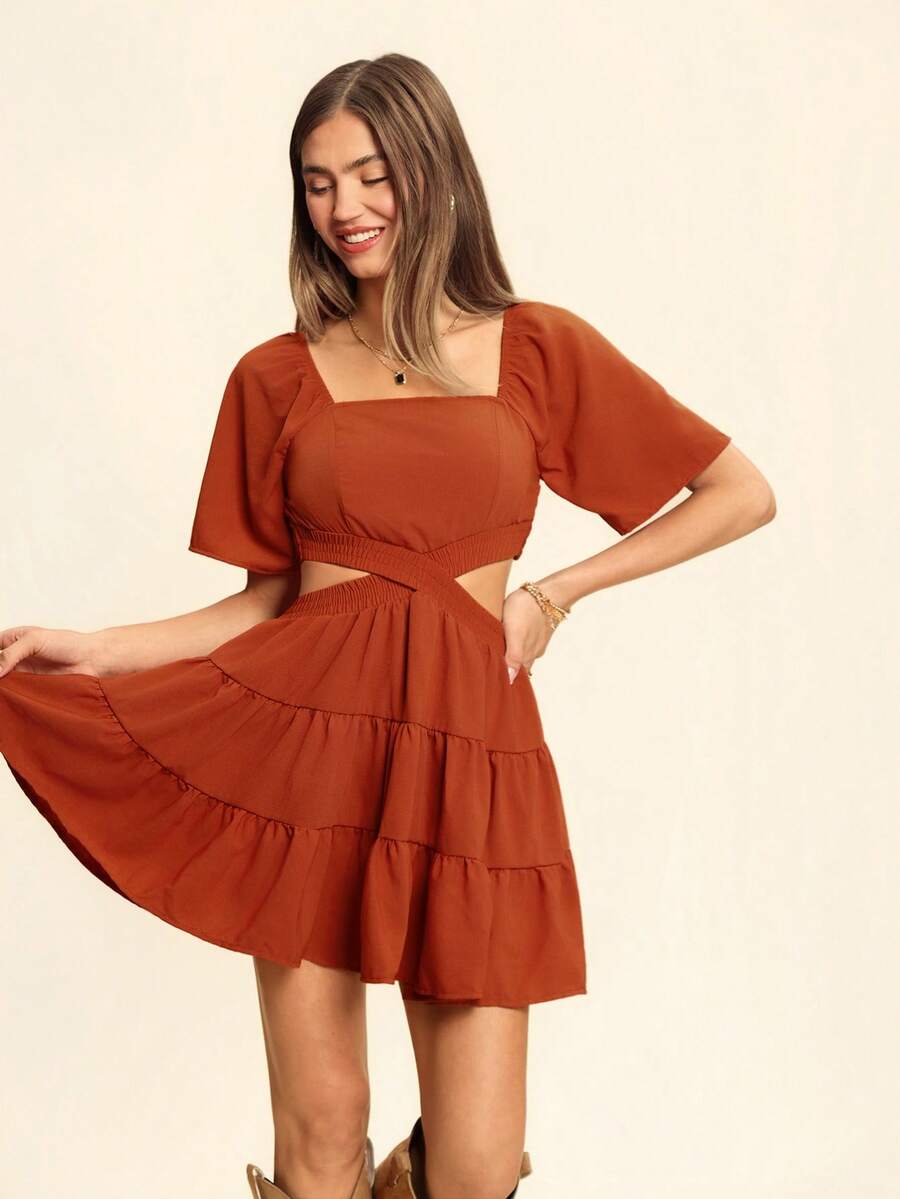 Coeurva Vacation Square Neck Hollow Out Ruffle Hem Casual Dress For Summer - Rust Brown - View 1