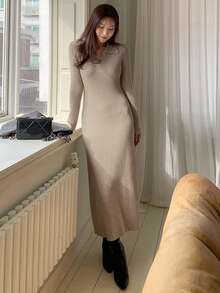 DAZY 女式高领收腰修身长袖流苏下摆毛衣裙 - 杏色 - 查看 6