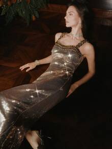 Anewsta Women's Heavily Embellished Sequin Christmas/Birthday Party Evening Elegant Luxury Sequin Dress, Suitable For Fall, Winter, New Year, Party, Wedding