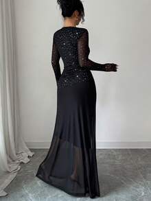 Islaluna Vestido de manga larga elegante con empalme en la cintura, tejido elástico fruncido acanalado y parche de tela de malla transparente, tela de malla de unicolor, negro, otoño/invierno