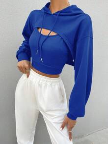 SHEIN Unity 女式纯色落肩长袖抽绳连帽运动衫和短款背心休闲两件套 - 寶藍色 - 查看 6
