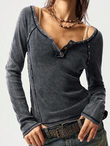 Bohemela Casual Solid Color Knit Crew Neck Long Sleeve Fitted Women T-Shirt - Black - View 2