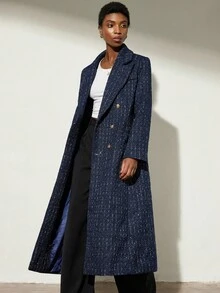 Aveloria Modichic Sequin & Sequins Embellished Tweed Maxi Coat With Metal Buttons, Double-Breasted Multi-Pocket Design