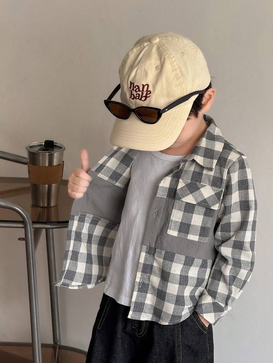 SHEIN 男童休闲灰色格子纽扣长袖衬衫 - 灰色 - 查看 1