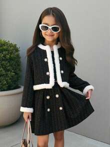Young Girl Cute & Elegant Faux Pearl Decor Black & White Thickened Short Jacket And Mini Skirt Set For Autumn,7th Birthday Banquet Party Wool Coat - Black - View 7