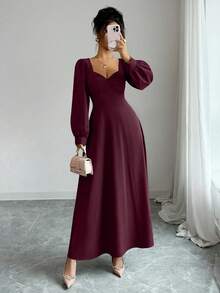 SHEIN LUNE 女士优雅方领泡泡袖收腰长裙，适合日常通勤 - Bold Plum - 查看 4