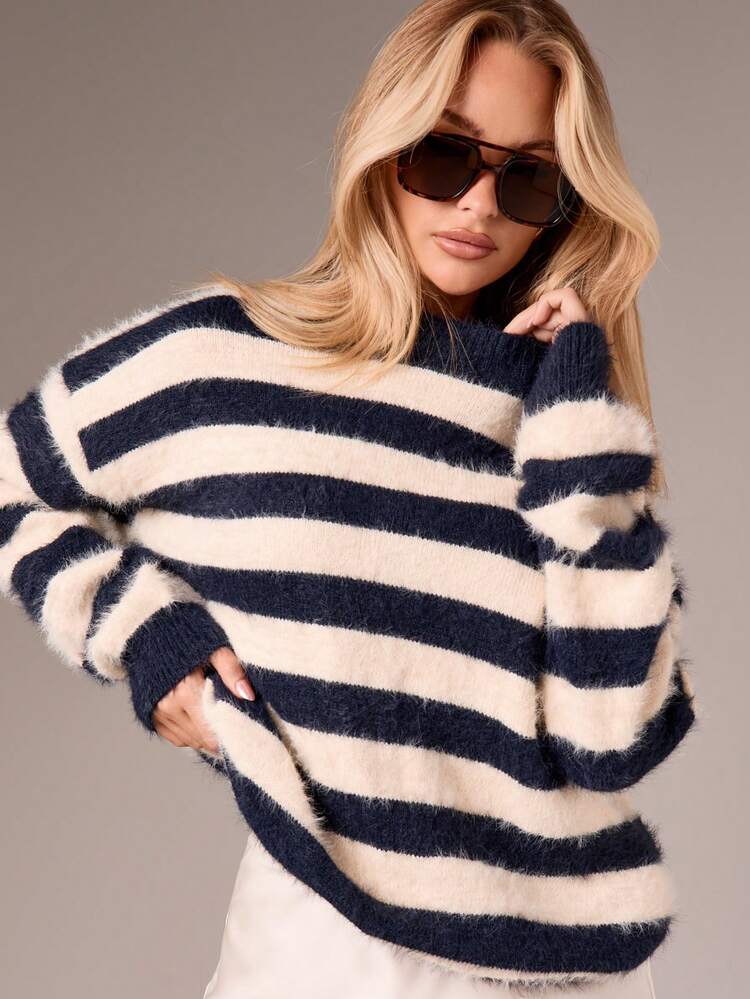 Striped Fuzzy Knit Crew Neck Sweater