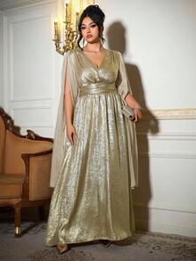 Roveilla Plus Size Elegant Party Metallic V-Neck Ruched Dress, Party Wear - Champagne - View 1