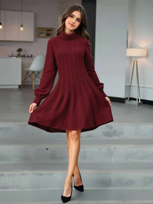 Teen Girl Turtleneck Long Sleeve Cinched Waist A-Line Knitted Midi Dress For Autumn/Winter