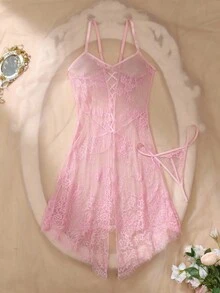 DelicateAllure 女士性感睡衣（性感连衣裙和丁字裤两件套） - 粉色 - 查看 3