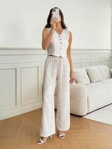 SHEIN Tall Women's 2 Pieces Linen Striped Vest And Pants Set,Blue And White Stripe,Summer,Casual,Vacation,Holiday Commuter Business Outfits Daily Wear Pant Suit, Tall Women - Apricot - View 6