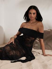 Opulessa Goth Solid Color Lace Knit Mesh Slim Off-Shoulder Mermaid Hem Dress For Women, Vacation Halloween Clothes,Prom Dress,Fall Wedding Guest Dress,Wedding Guest Dress Women