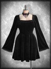 SHEIN ICON Váy Goth cổ vuông tay loe nhung cỡ lớn, trang phục Halloween, váy phù thủy, phù hợp làm váy dự tiệc, váy nhung đen - màu đen - Xem 1