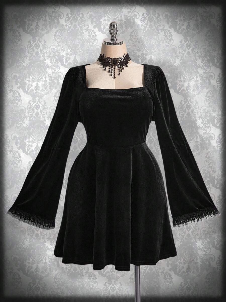 SHEIN ICON Váy Goth cổ vuông tay loe nhung cỡ lớn, trang phục Halloween, váy phù thủy, phù hợp làm váy dự tiệc, váy nhung đen - màu đen - Xem 1