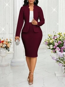 SHEIN Lady Women's Elegant Commuter Wine Red Lace Patchwork Suit Jacket And Skirt Business Casual Women's Office Clothing Autumn And Winter Business Women's Clothing 2 Piece Sets Woman Classy - Burgundy - View 3