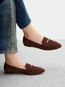 CUCCOO BIZCHIC 女士时尚咖啡色简约金属扣平底乐福鞋，适合通勤、约会、聚会、购物和校园场合 - 咖啡棕 - 查看 5