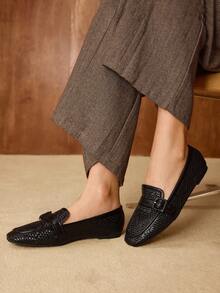 MOTF 女士复古乐福鞋一脚蹬休闲舒适简约优雅方头平底鞋，秋冬 - 黑色 - 查看 4